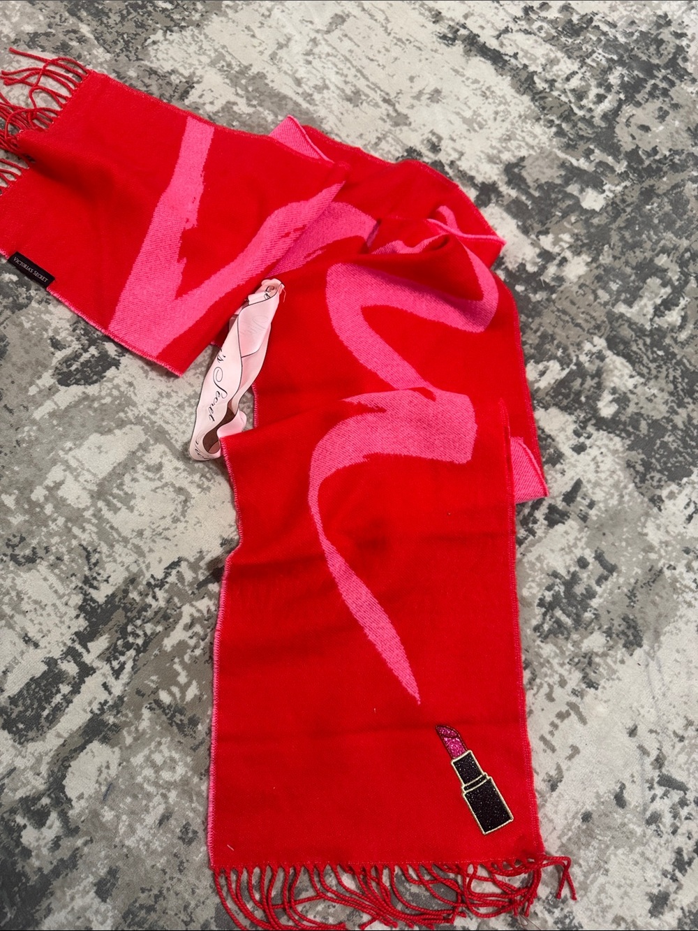 Victoria's Secret Red and Pink Logo Scarf with Lipstick Patch